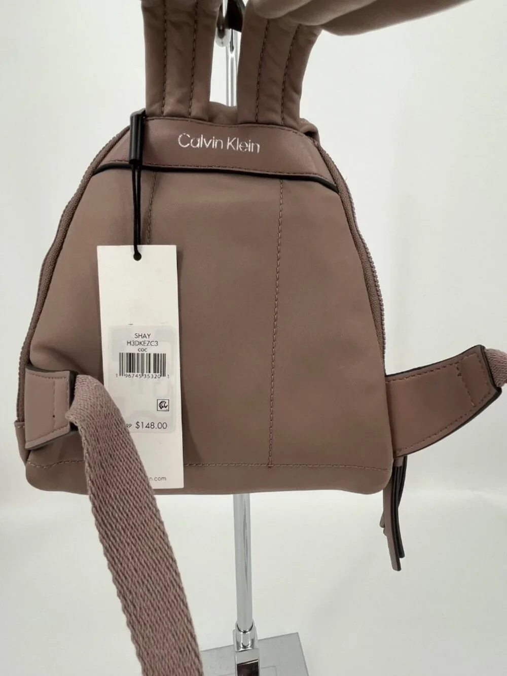Calvin Klein Shay Mini Backpack Taupe Nylon Zip Buckle Front Pockets Adjustable